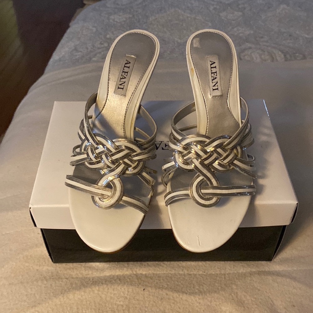 Silver and white Leather Front Knot slip on heels